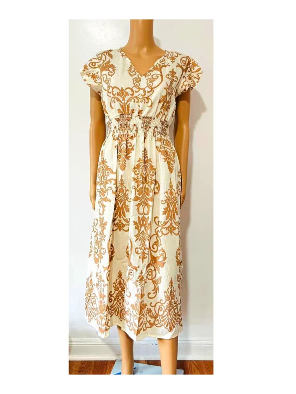 Women Fashion Floral Printed V-Neck Cotton Maxi Dress - Small